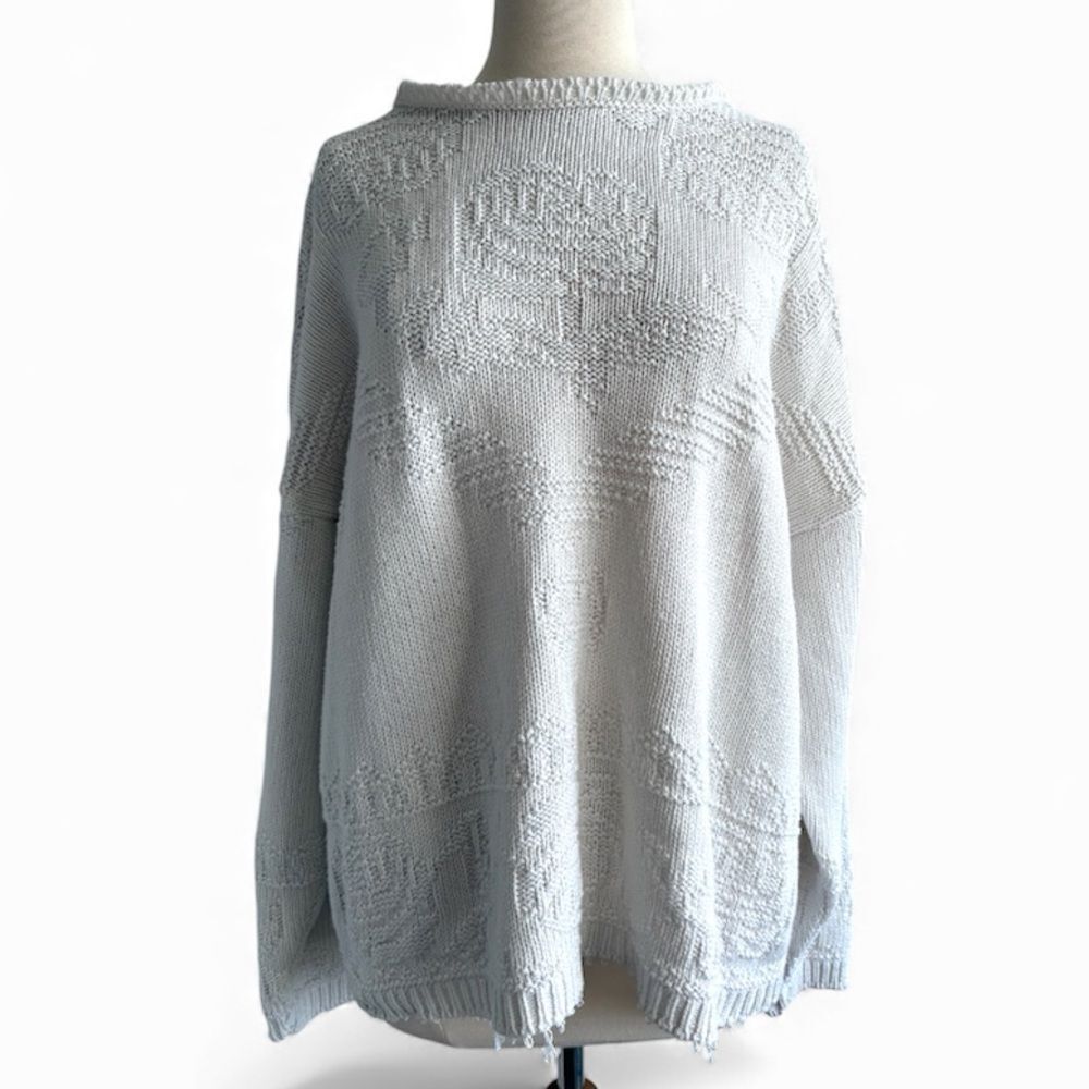 Vintage Cross Country Woman Hand Knit Floral Sweater XL Cream White